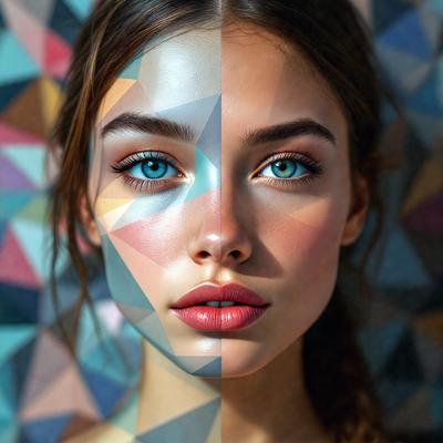 The primary subject of the image is a woman with blue eyes and a pink lipstick. She is wearing makeup and has a pink lipstick on her lips. The setting is a colorful background, which adds a vibrant and lively atmosphere to the scene. The visual style of the image is a combination of a photo and digital art, creating a unique and artistic representation of the woman. The colors and mood of the image are predominantly pink and vibrant, reflecting the woman